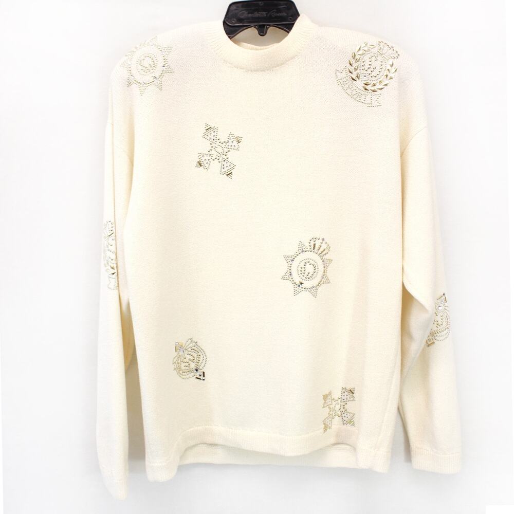 Vintage St. John 80's Sport Swarovsky gold sequin cross crowns top sweater Large